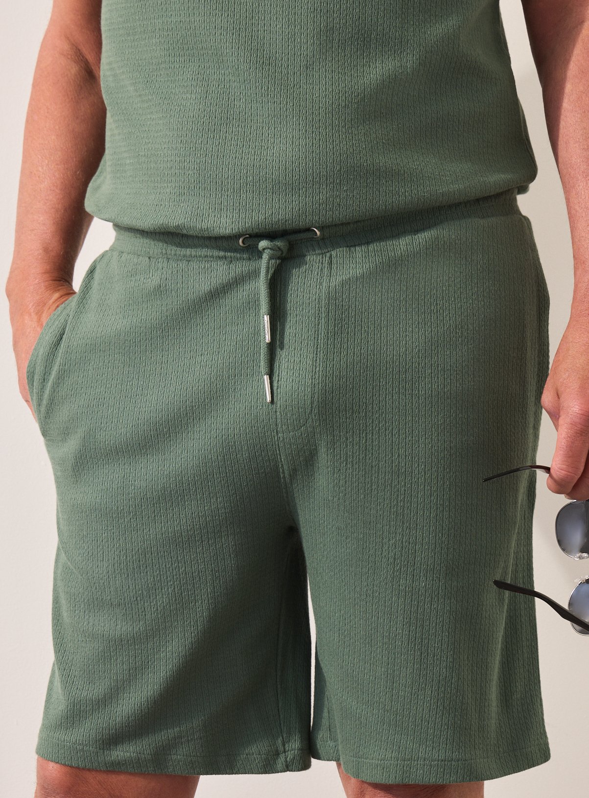 Men's UNION WORKS Green Textured Co-ord Shorts