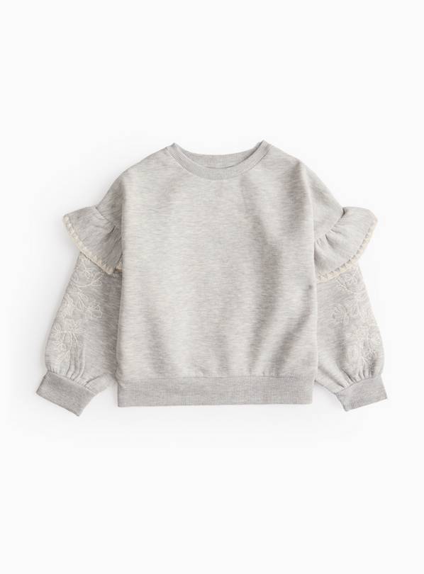 Grey Floral Embroidered Frill Sleeve Sweatshirt 6 years