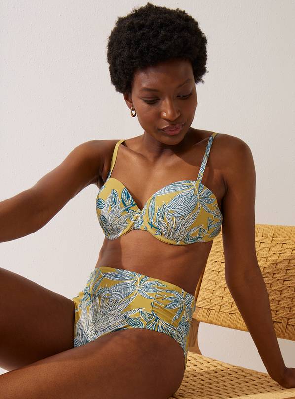 Yellow Leaf Print Moulded Balcony Bikini Top 32B