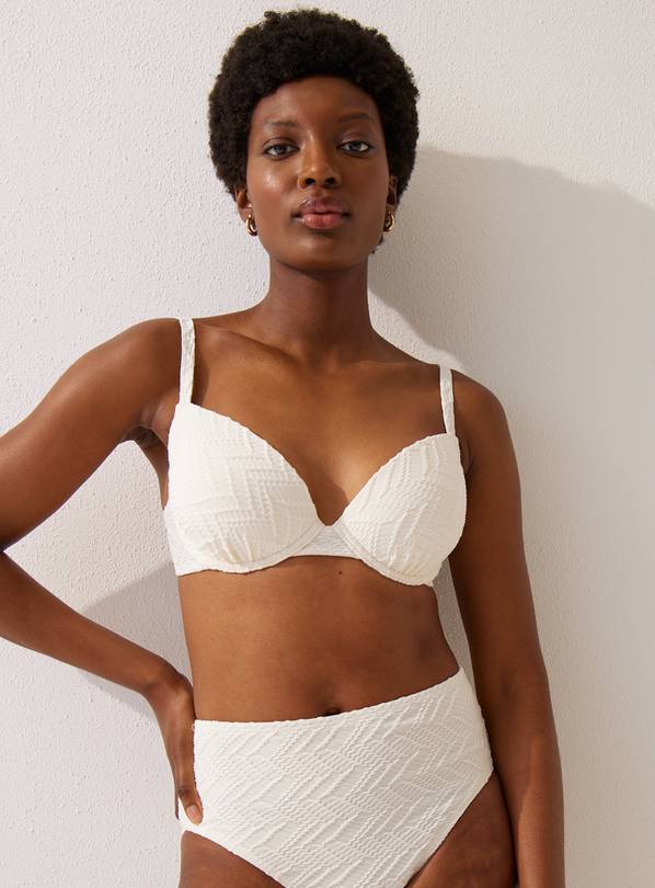 White Textured Balcony Plunge Bikini Top  38DD