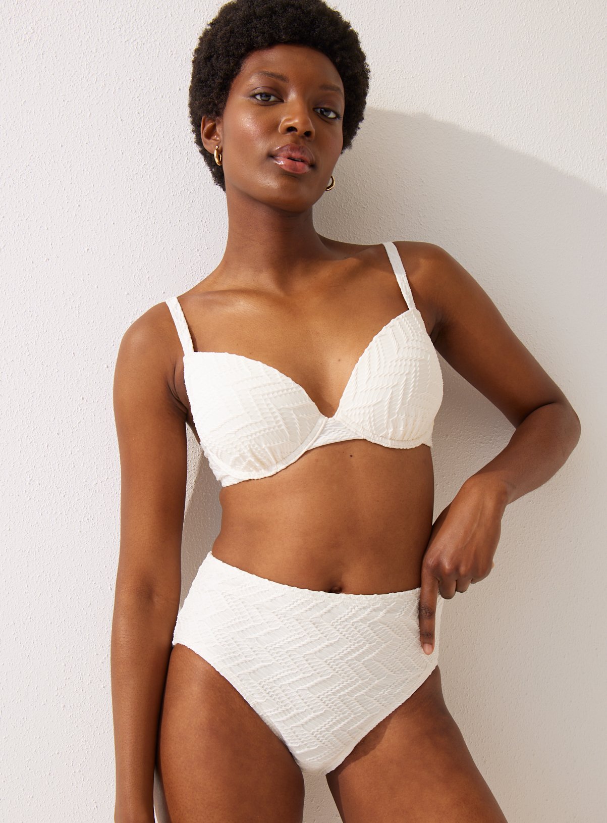 Cream White Textured High Leg Bikini Bottoms