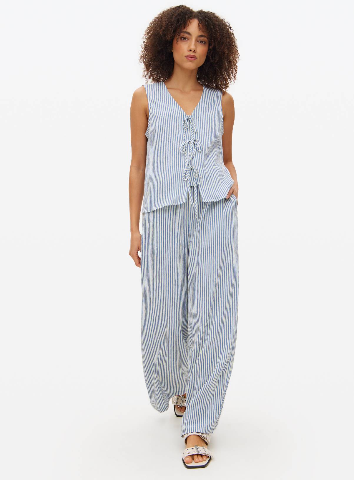 Blue Stripe Ultra Wide Seersucker Coord Trousers 16 - Image 1