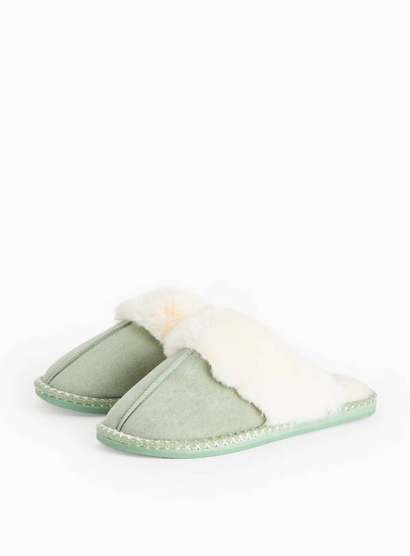 Green Faux Fur Stitch Mule Slippers S