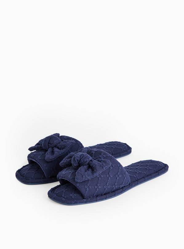 Navy Textured Bow Mule Slippers L