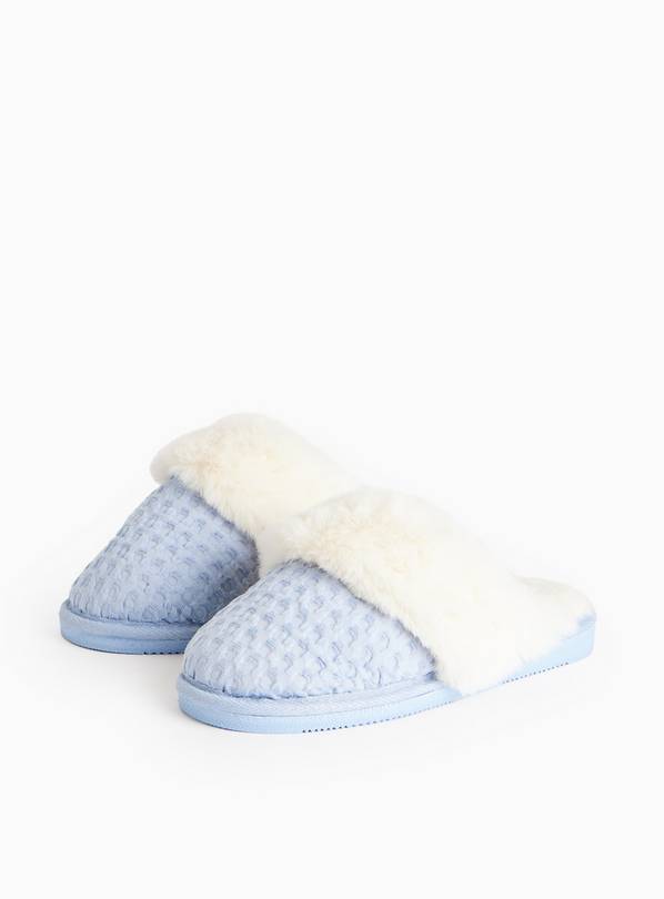 Blue Waffle Textured Faux Fur Mule Slippers S