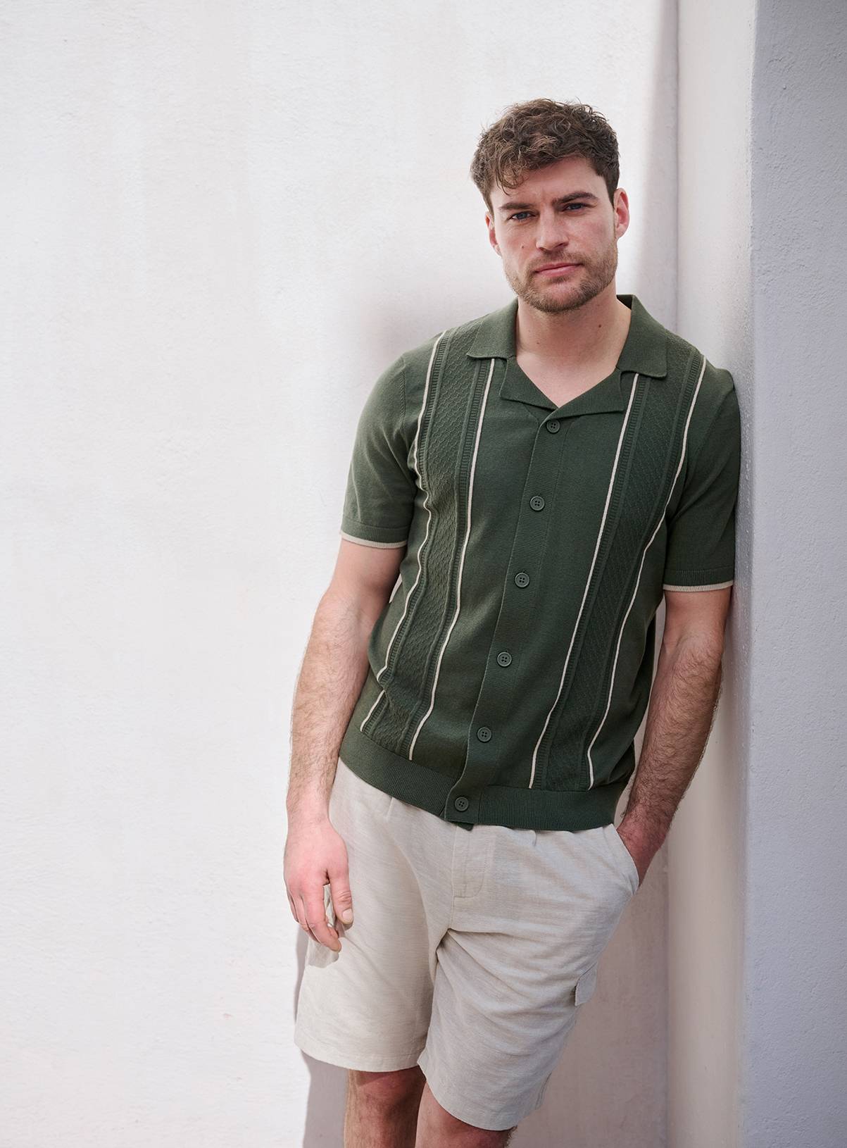 Green Crochet Stripe Button-Through Shirt XL - Image 1
