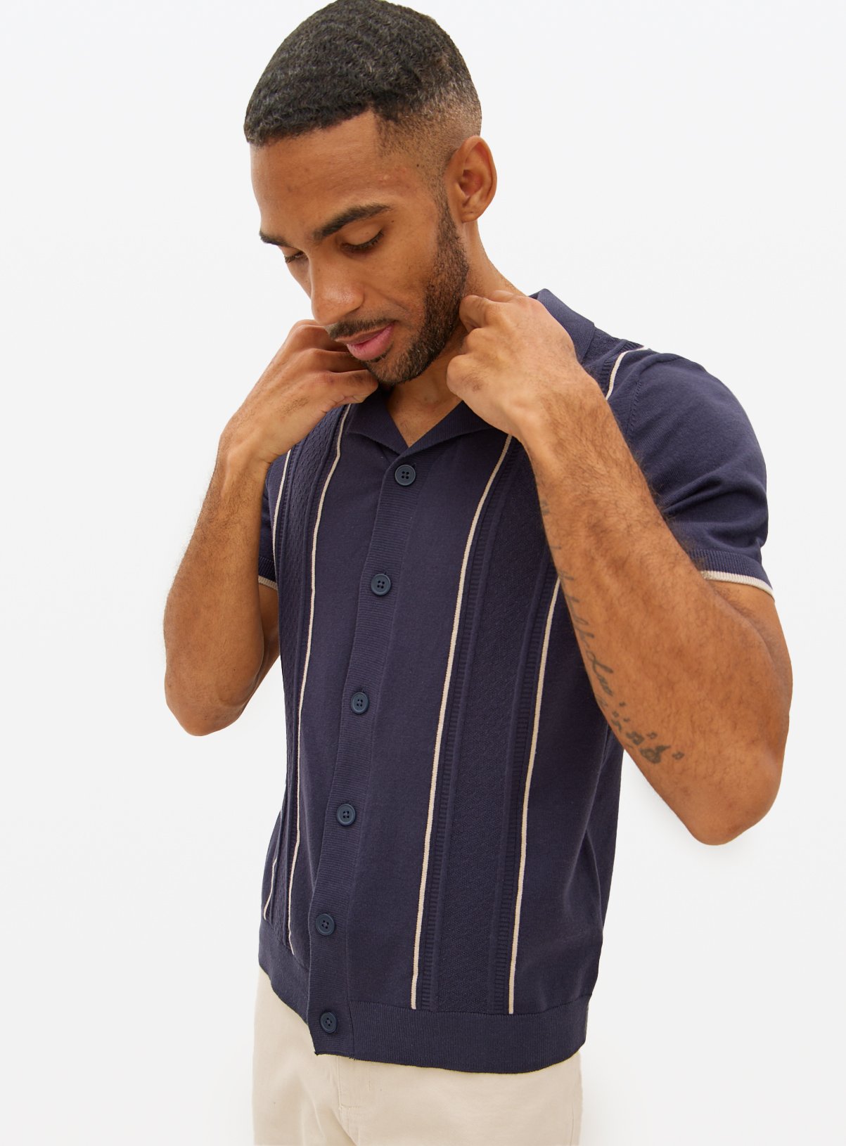 Men's Navy Crochet Stripe Button-Through Shirt