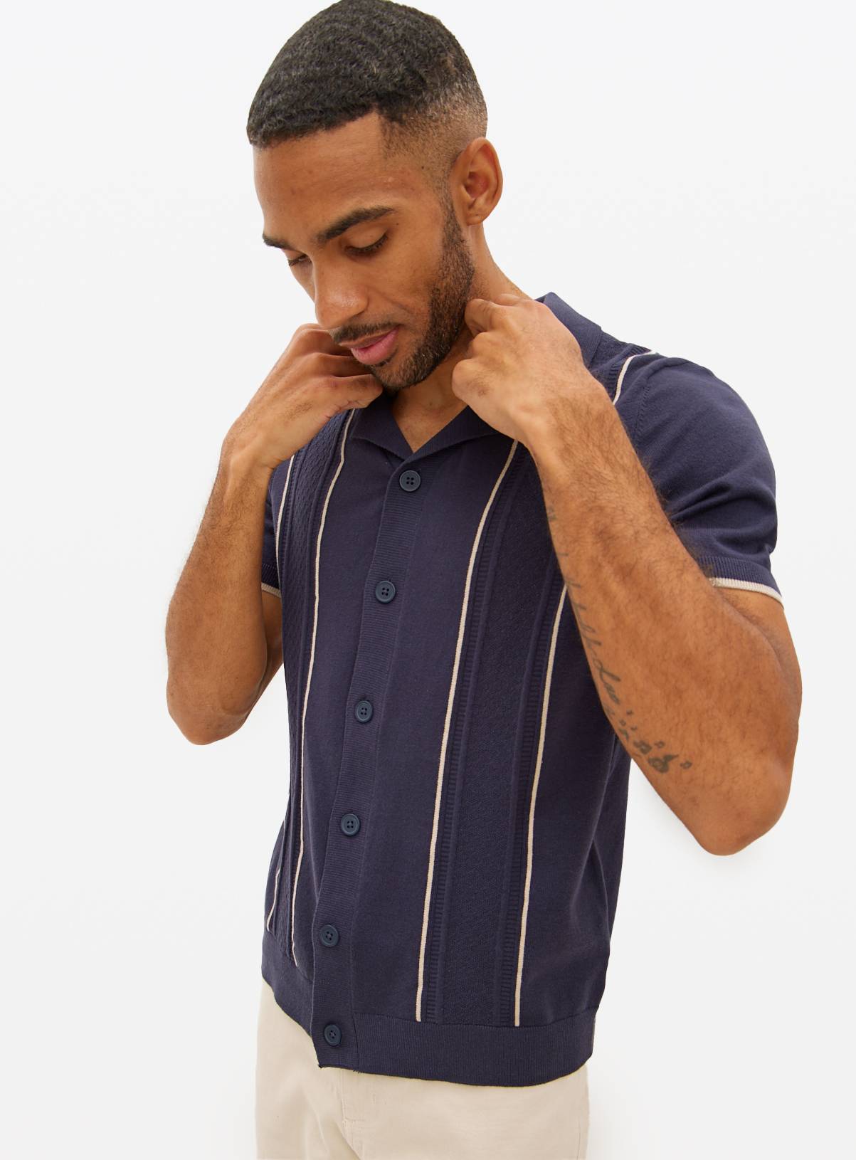 Navy Crochet Stripe Button-Through Shirt XL - Image 1