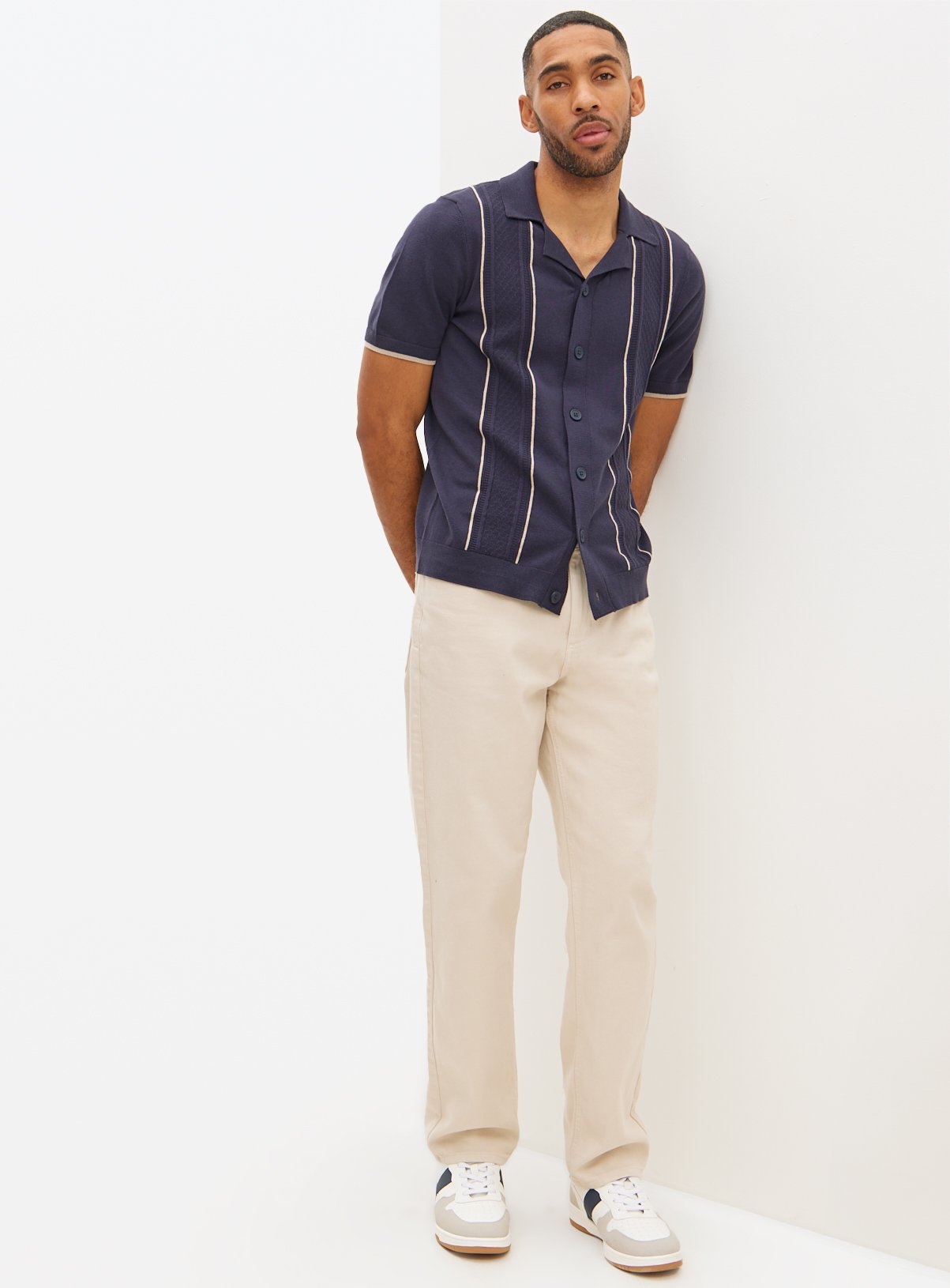 Navy Crochet Stripe Button-Through Shirt XL - Image 2 thumbnail