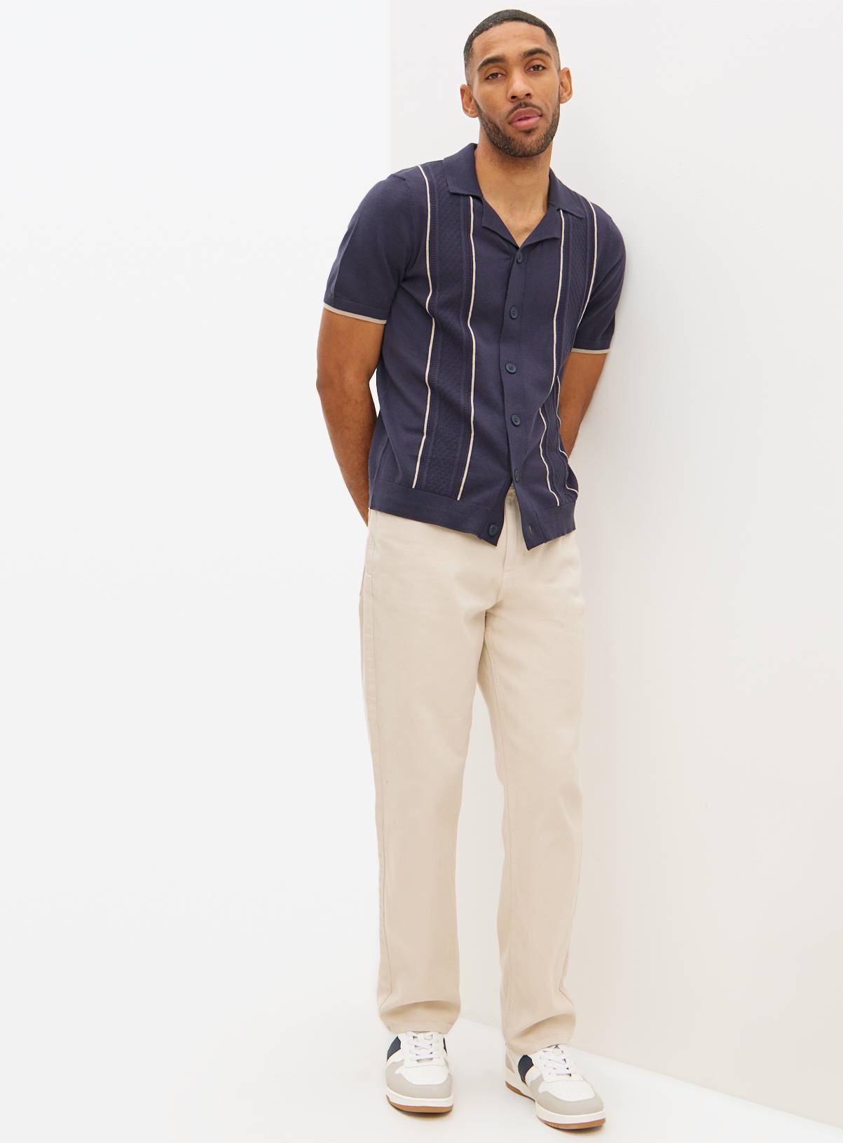 Navy Crochet Stripe Button-Through Shirt XL - Image 2