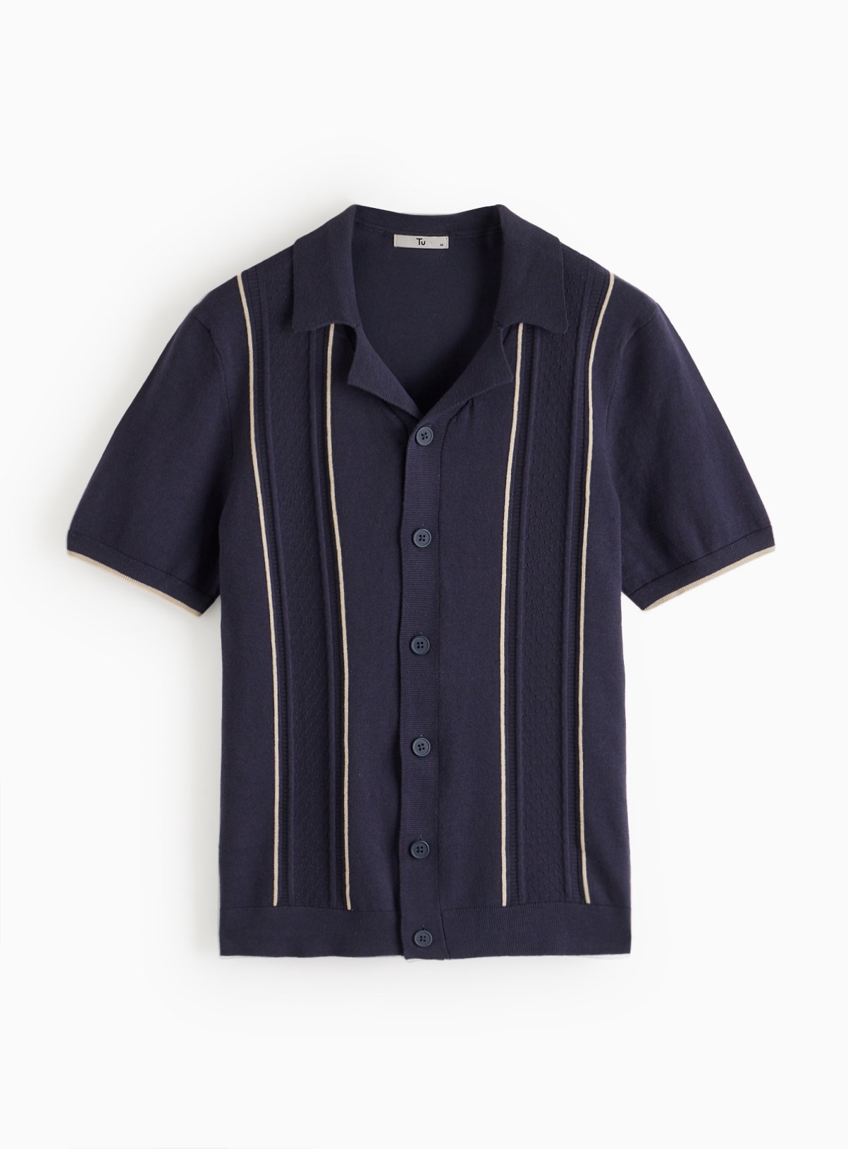 Navy Crochet Stripe Button-Through Shirt XL - Image 3 thumbnail
