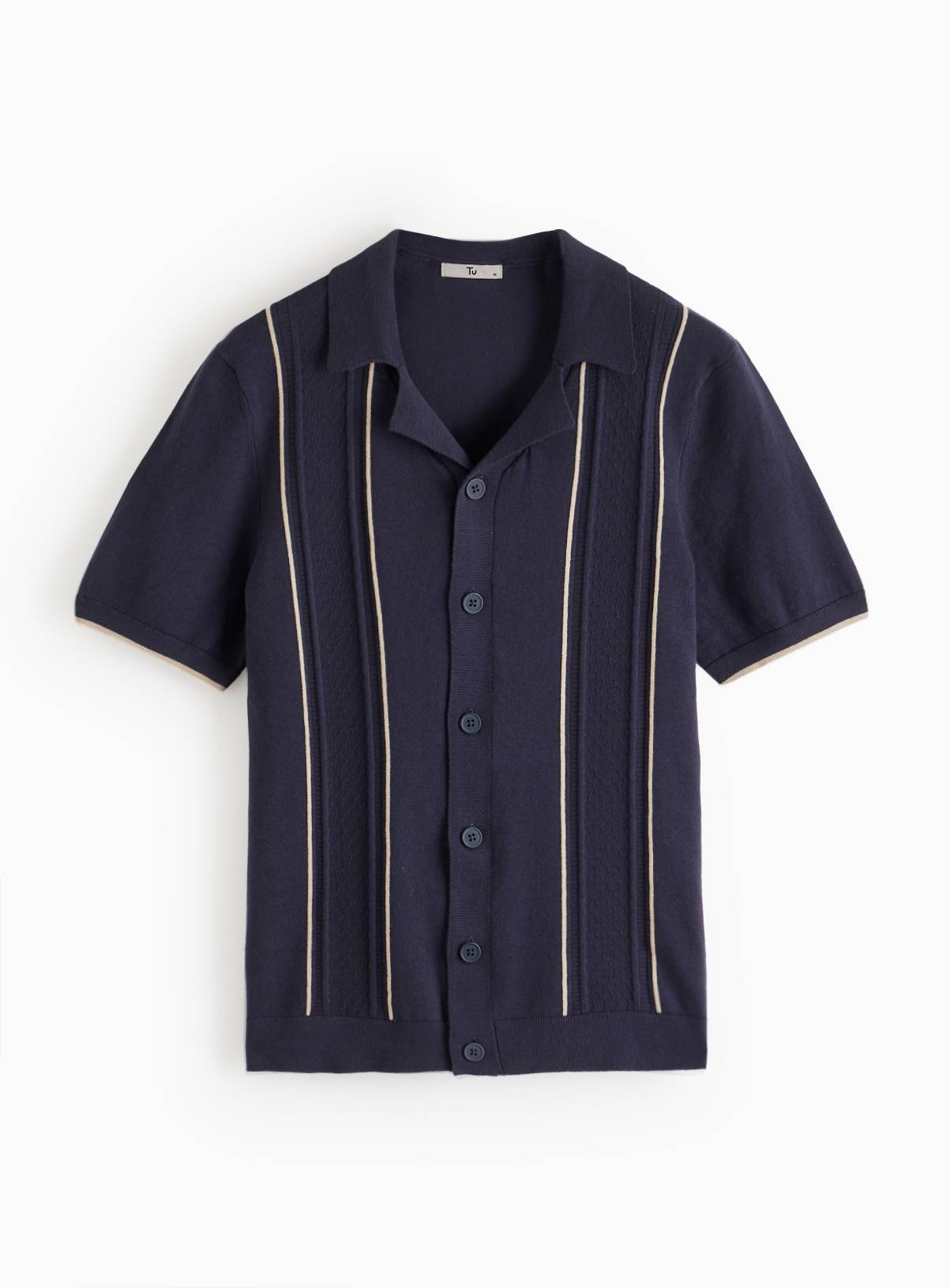 Navy Crochet Stripe Button-Through Shirt XL - Image 3