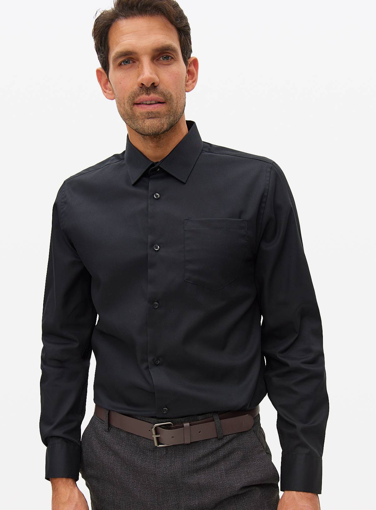 Black Regular Fit Cotton Twill Long Sleeve Shirt 16.5 - Image 1