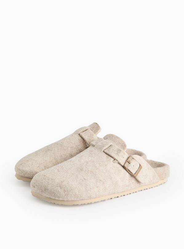 Beige Felt Buckle Detail Clog Slippers M