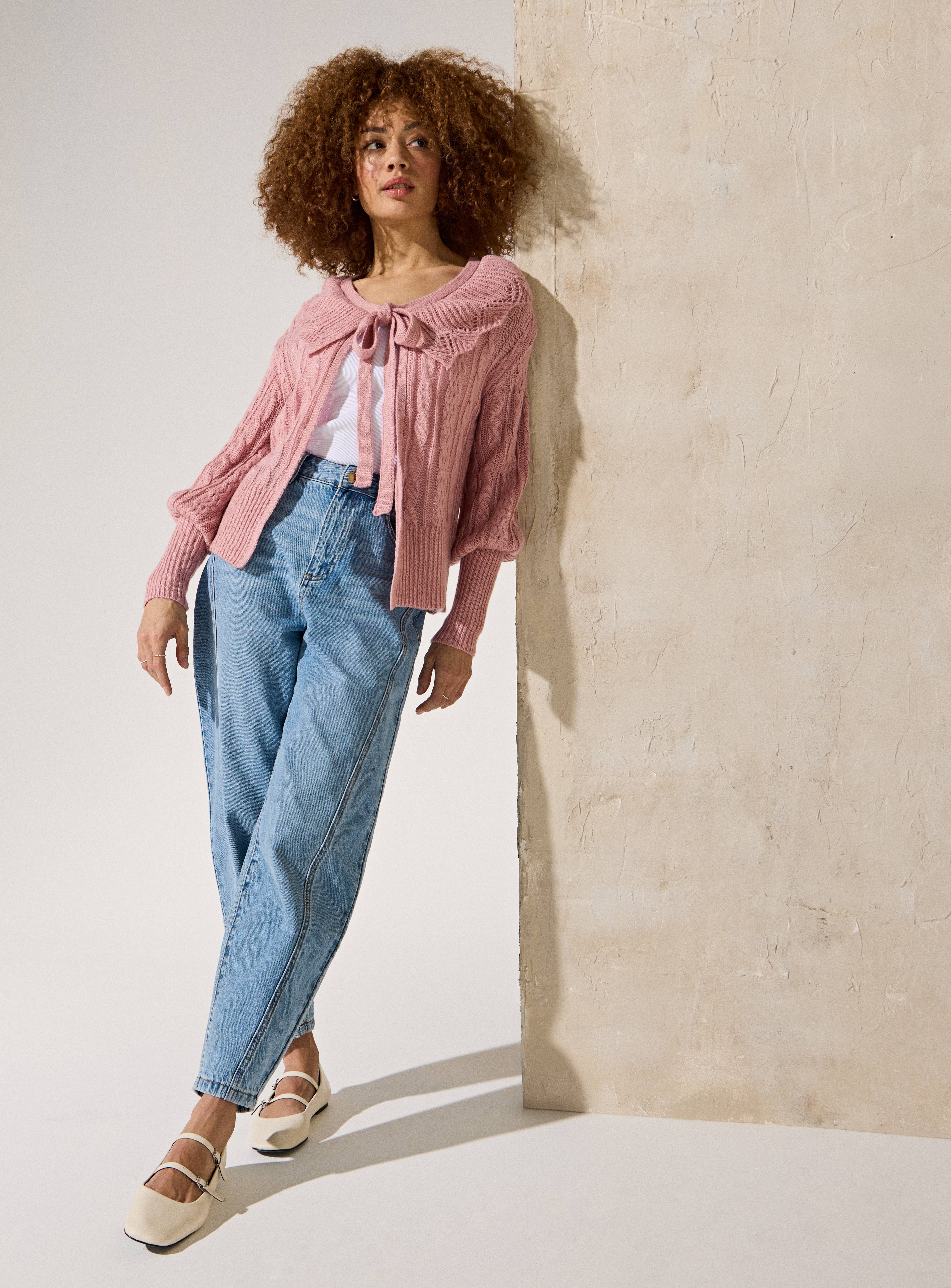 EVERBELLE Pink Tie Collared Knit Cardigan M - Image 2