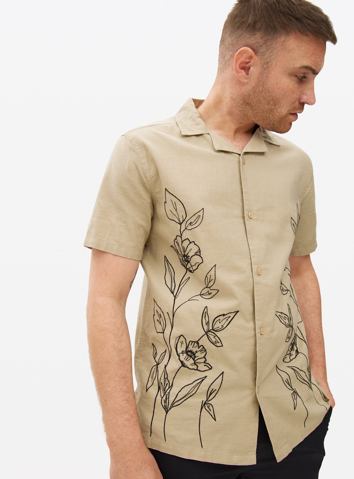 Men's Neutral Floral Embroidered Linen Blend Shirt