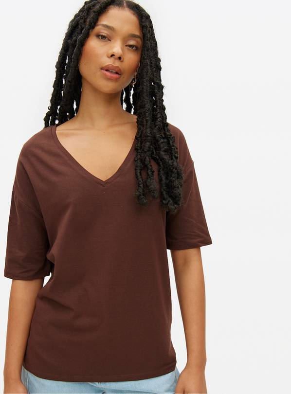 Brown Relaxed V Neck T-Shirt  XS
