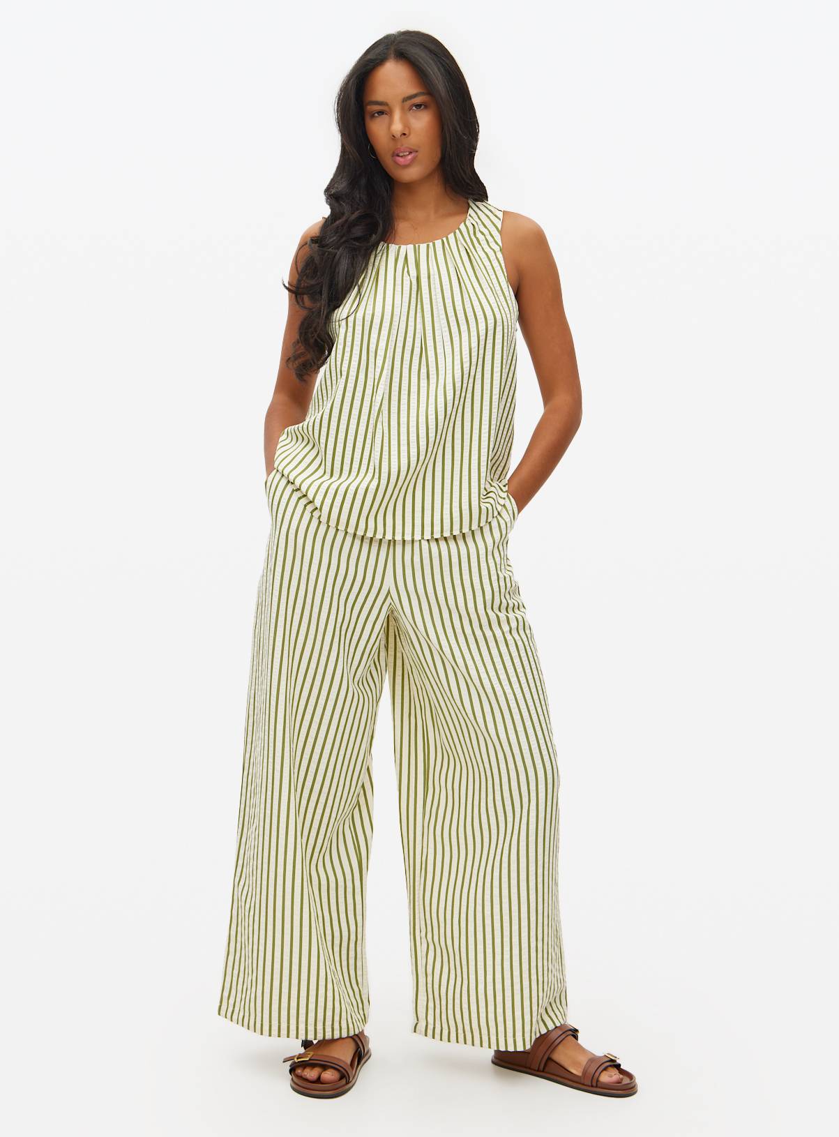 Green Stripe Ultra Wide Leg Co-ord Trousers  20 - Image 3