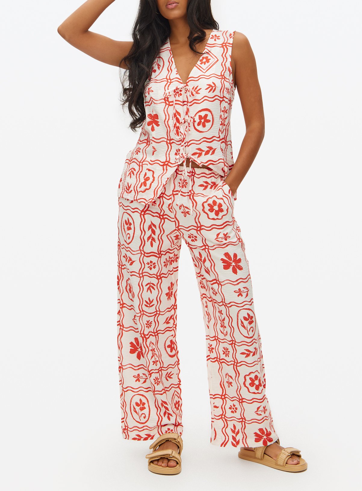 Red Tile Print Wide Leg Co-ord Trousers  10 - Image 1 thumbnail