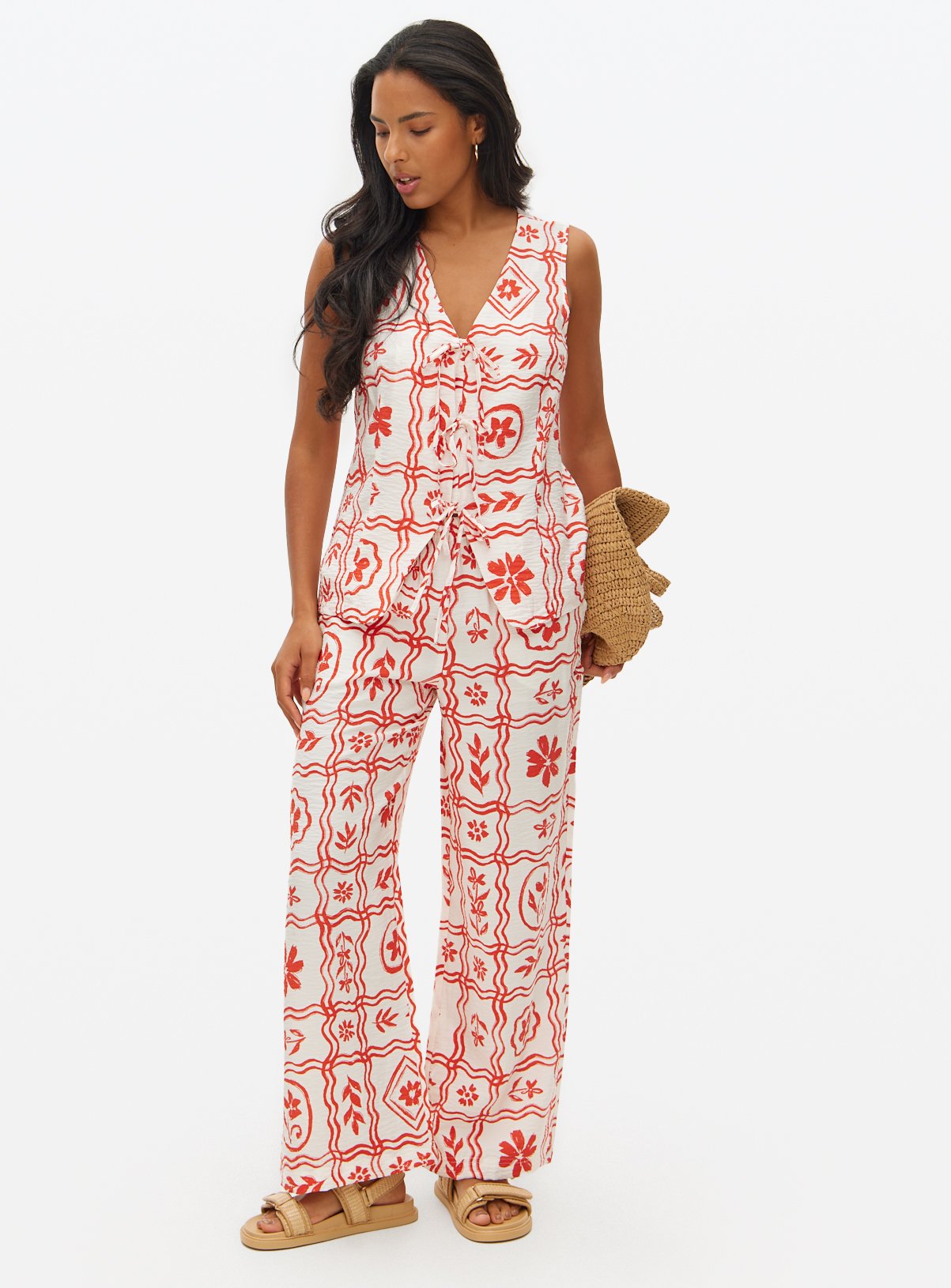Red Tile Print Wide Leg Co-ord Trousers  10 - Image 2 thumbnail