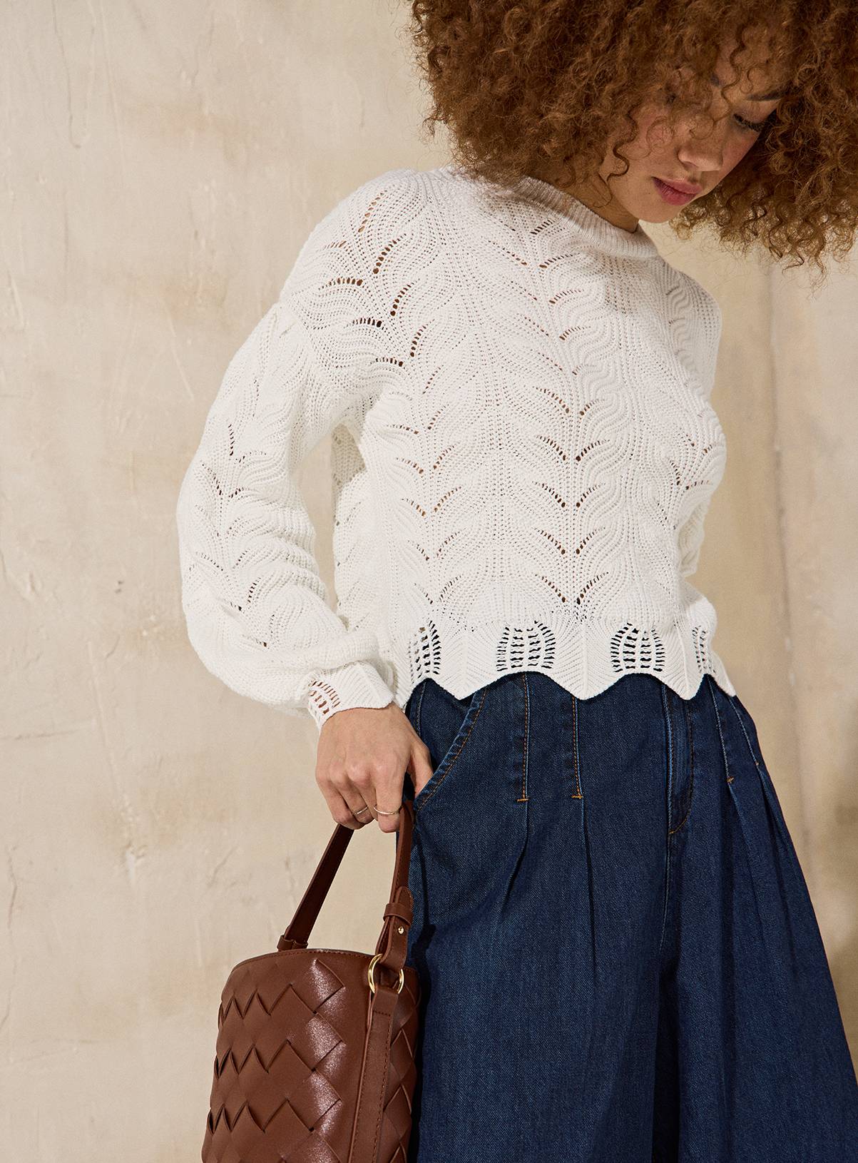 EVERBELLE White Scallop Knit Pointelle Jumper XS - Image 2