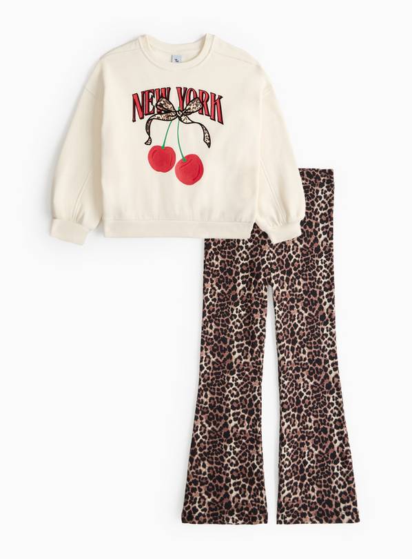 Cream Sweatshirt & Leopard Print Flared Leggings 9 years