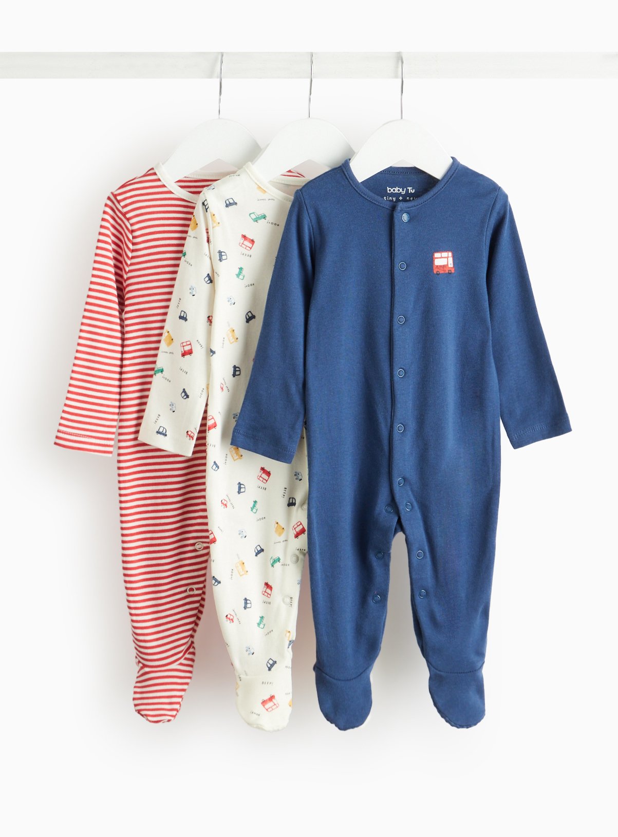 Red Red Stripe & Car Print Sleepsuit 3 Pack (3-6 Months) - Tu by Sainsbury's