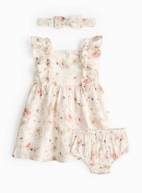 Cream Floral Dress 3-Piece Set Up to 3 mths