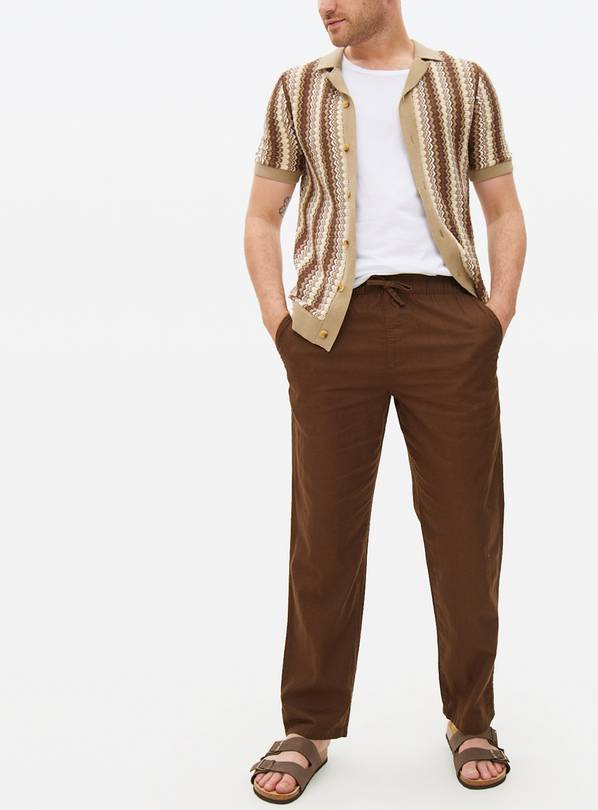 Brown Linen Blend Straight Leg Trousers 44S