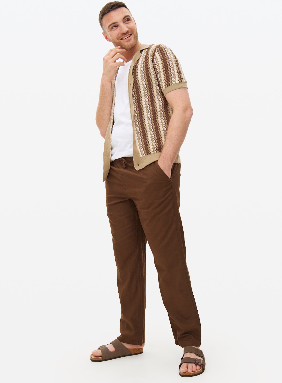 Brown Linen Blend Straight Leg Trousers 40L - Image 3 thumbnail