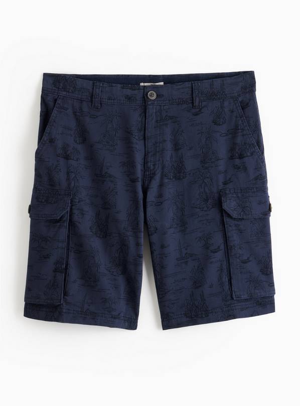 Navy Palm Printed Cargo Shorts 36