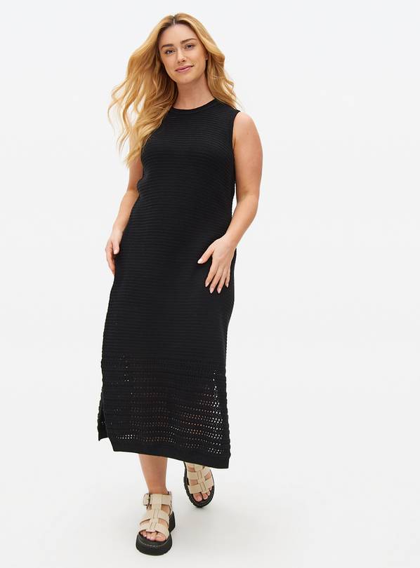 Black Pointelle Knitted Sleeveless Midi Dress XL