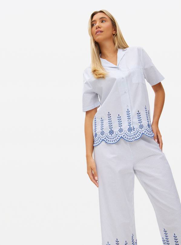 Blue Stripe Broderie Hem Traditional Pyjamas 18