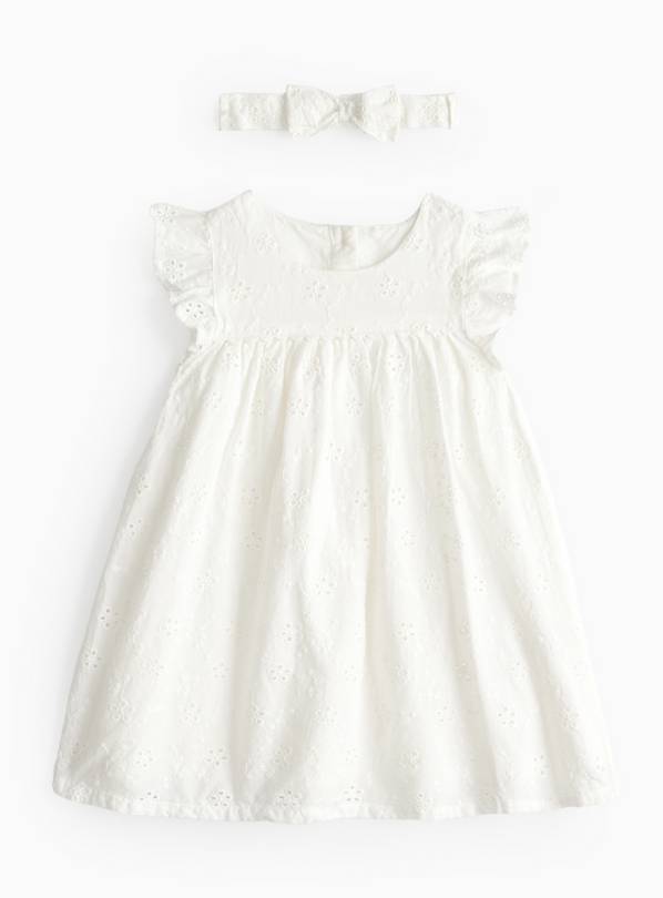 White Broderie Dress & Bow Headband  12-18 months