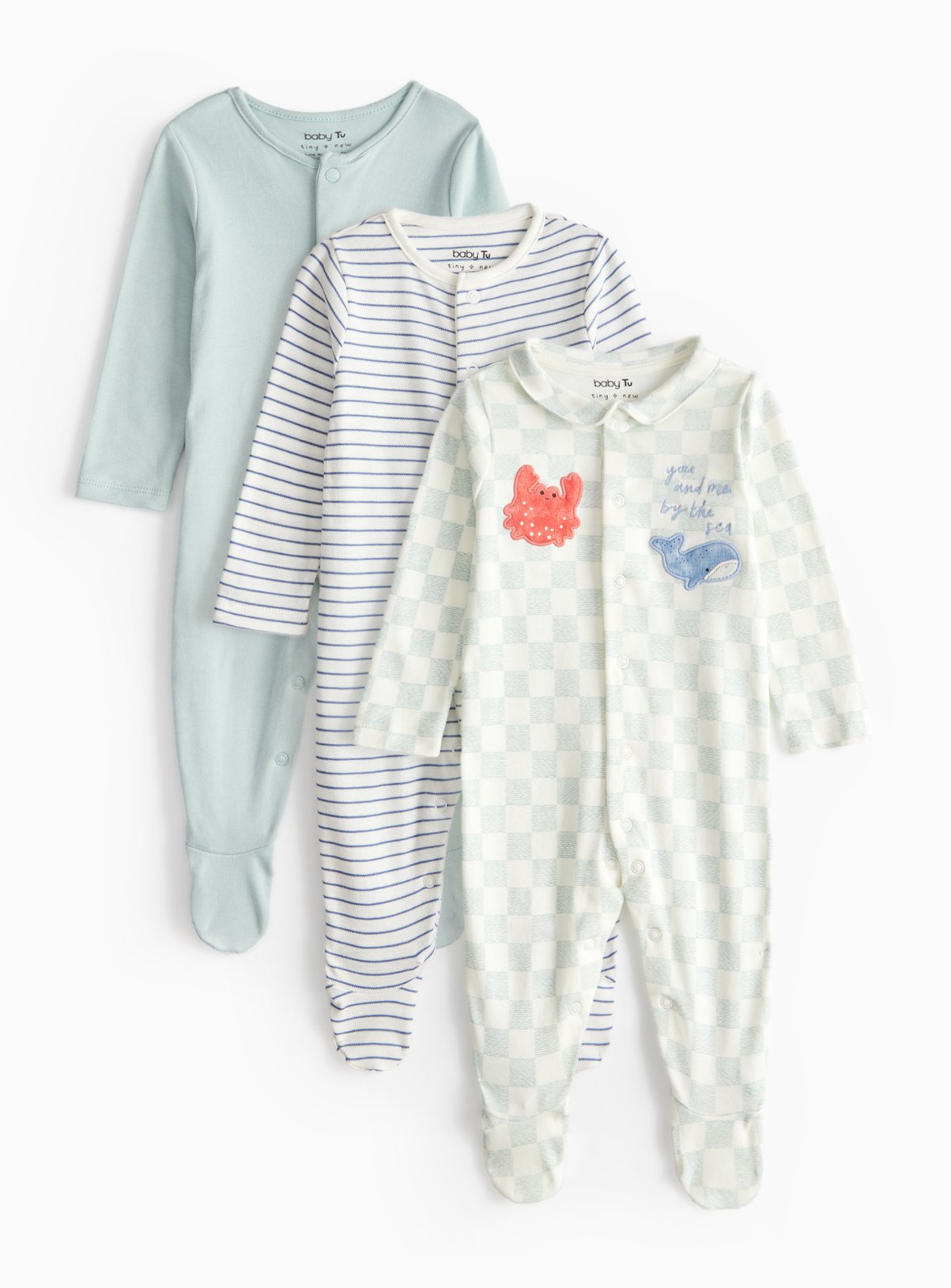 Blue Blue Nautical Checkerboard Printed Sleepsuit 3 Pack (9-12 Months) - Tu by Sainsbury's