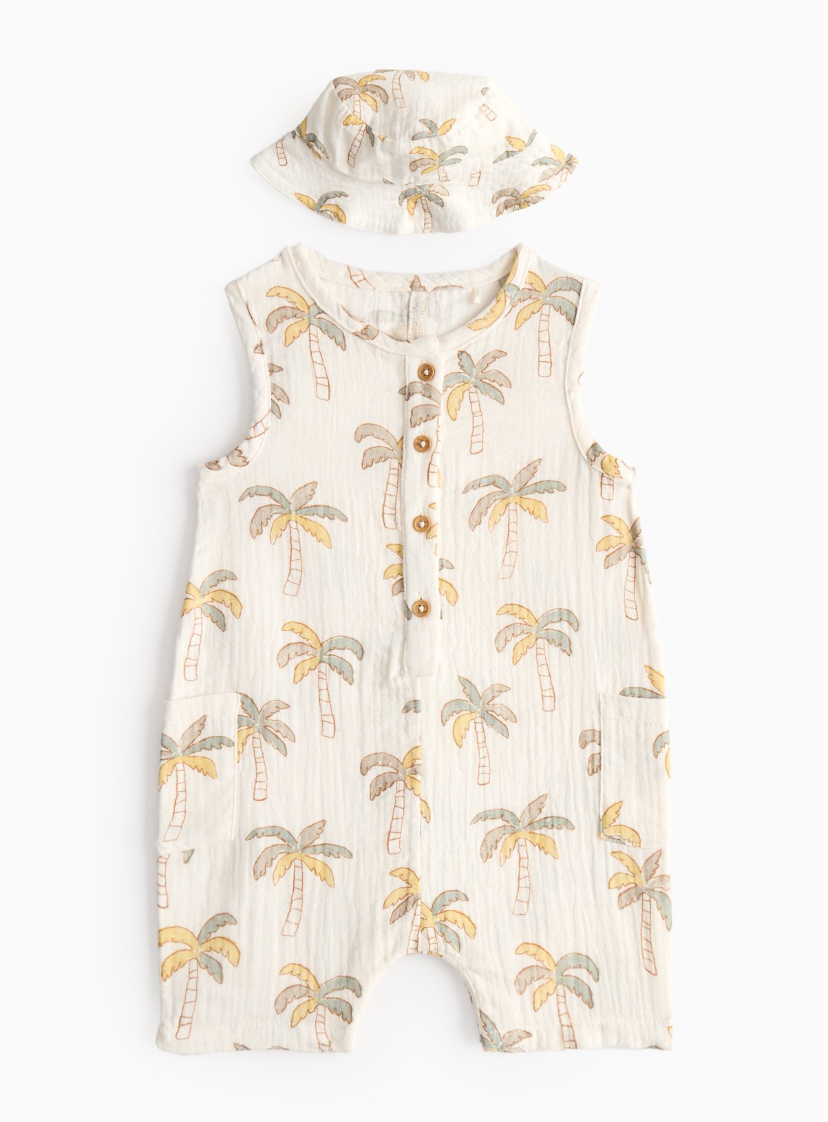 Cream Cream Palm Print Woven Romper & Bucket Hat (6-9 Months) - Tu by Sainsbury's