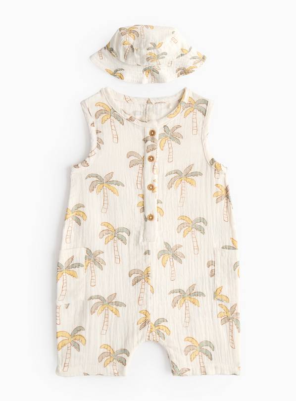 Palm Print Woven Romper & Bucket Hat 9-12 months