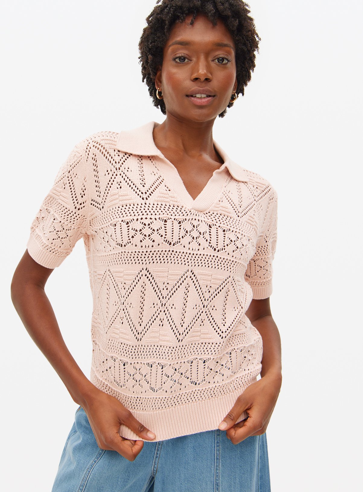 Pink Pointelle Collared Top