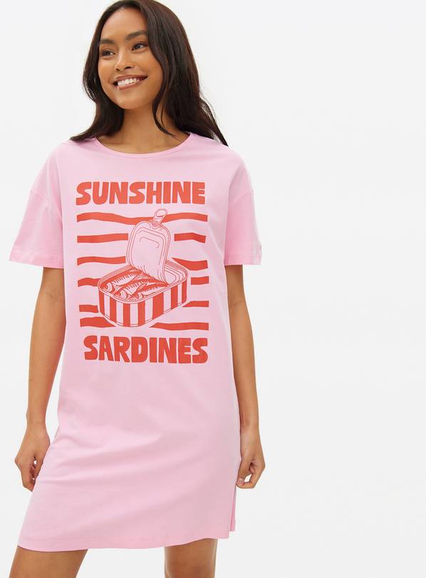 Pink Sunshine Sardines Print Night Shirt M