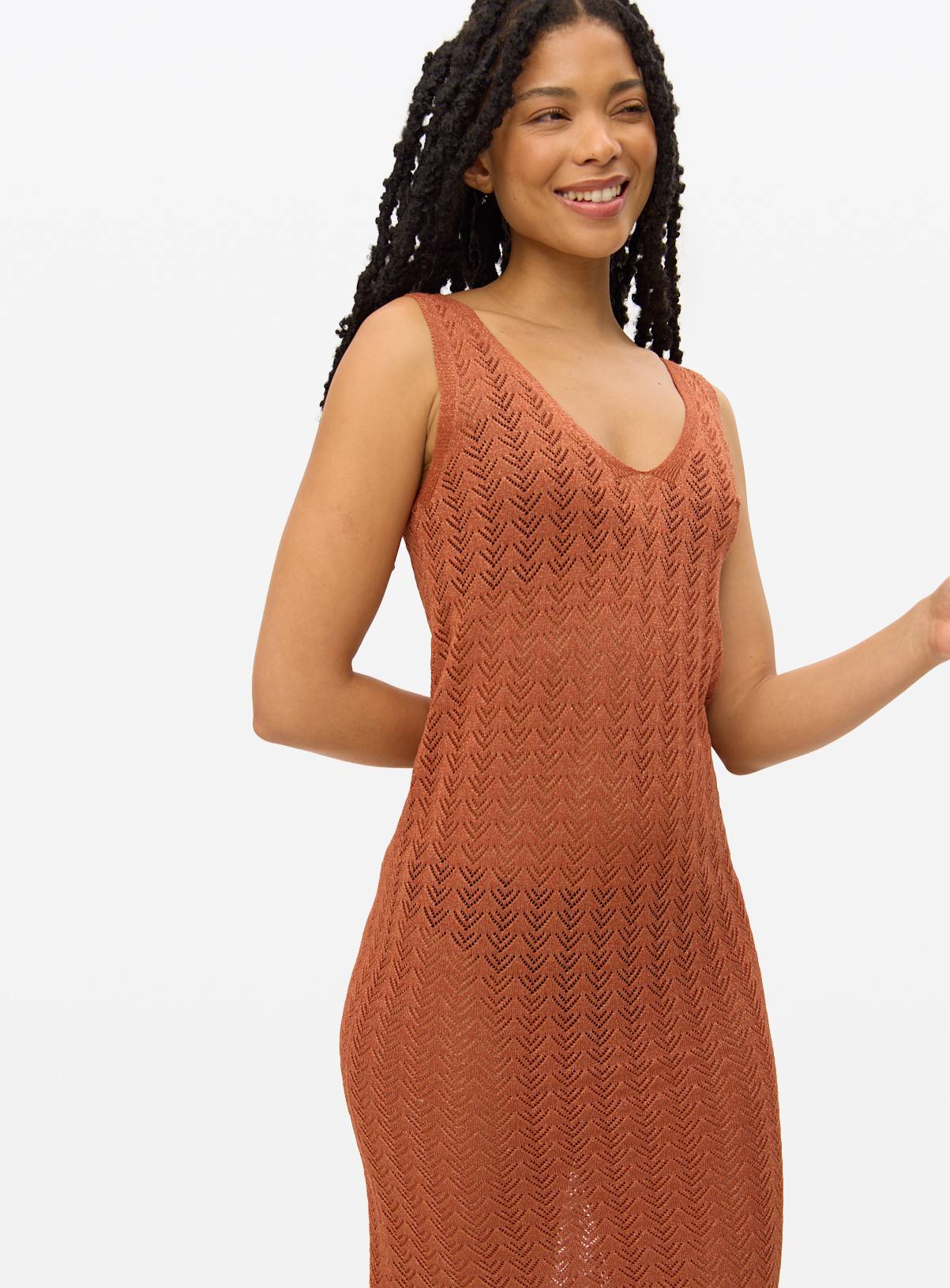Metallic Bronze Pointelle Sleeveless Midi Dress L - Image 1