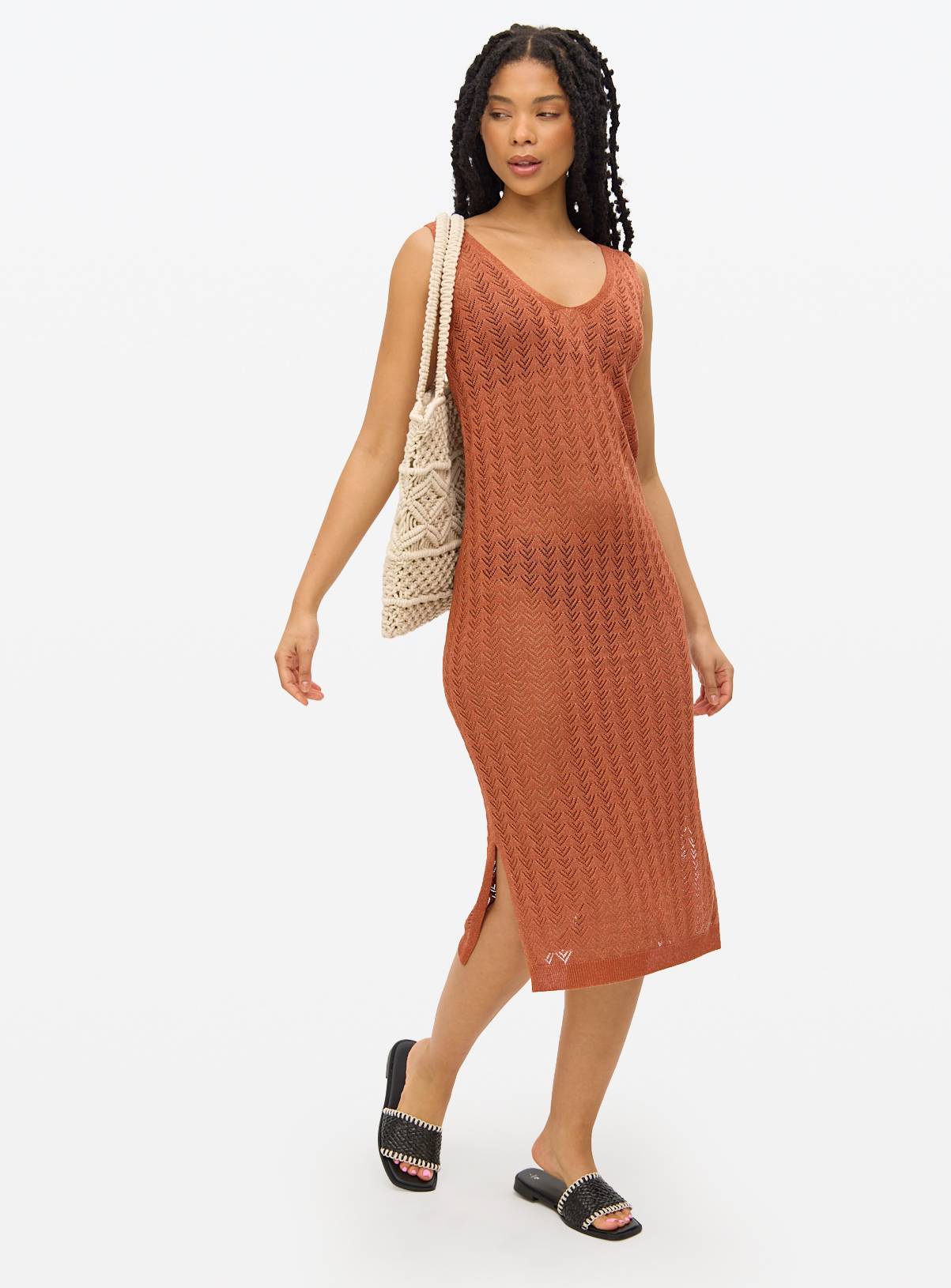 Metallic Bronze Pointelle Sleeveless Midi Dress L - Image 2