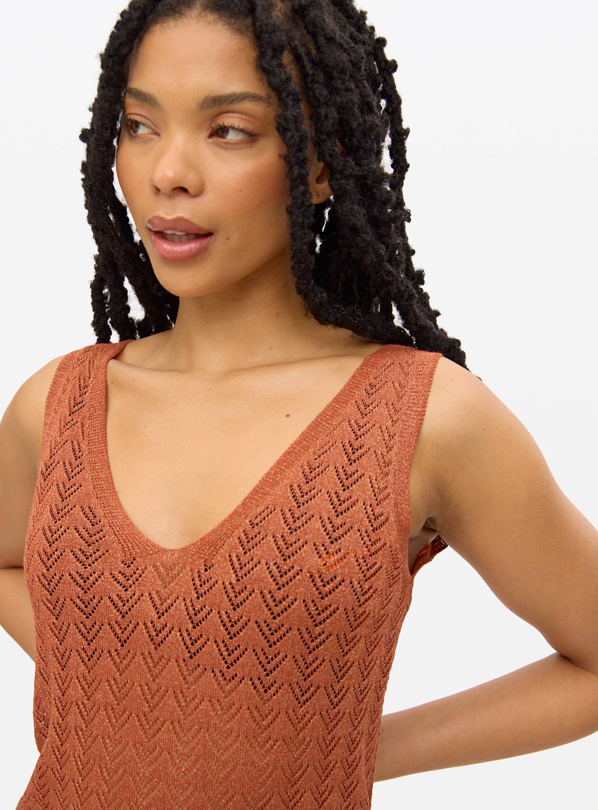 Metallic Bronze Pointelle Sleeveless Midi Dress L - Image 3