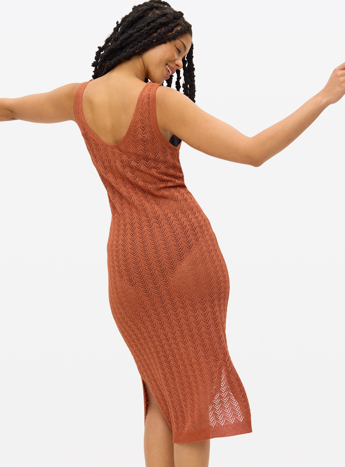 Metallic Bronze Pointelle Sleeveless Midi Dress L - Image 4 thumbnail