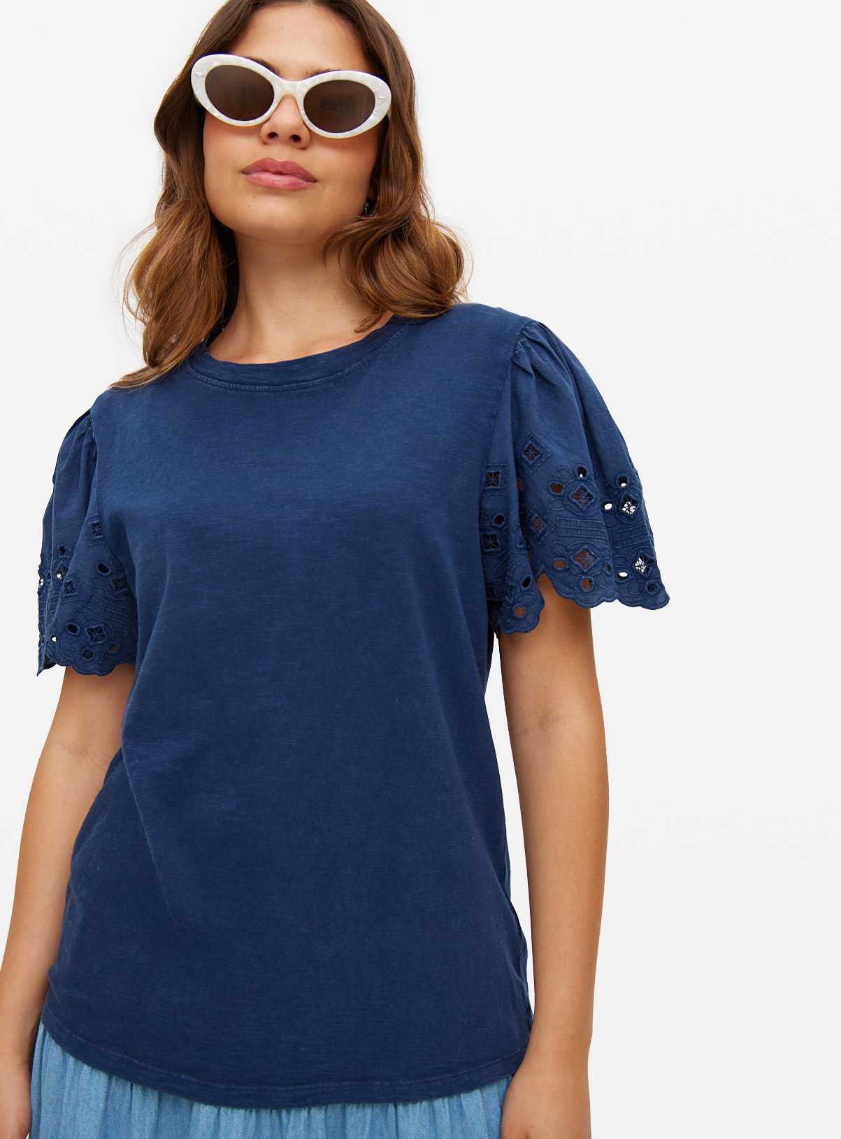 Navy Washed Broderie Sleeve T-Shirt