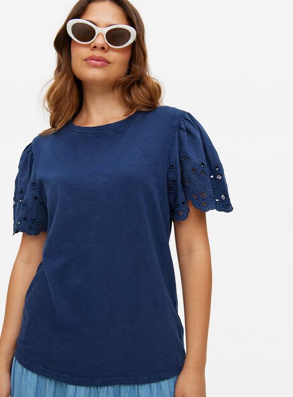 Navy Washed Broderie Sleeve T-Shirt 20