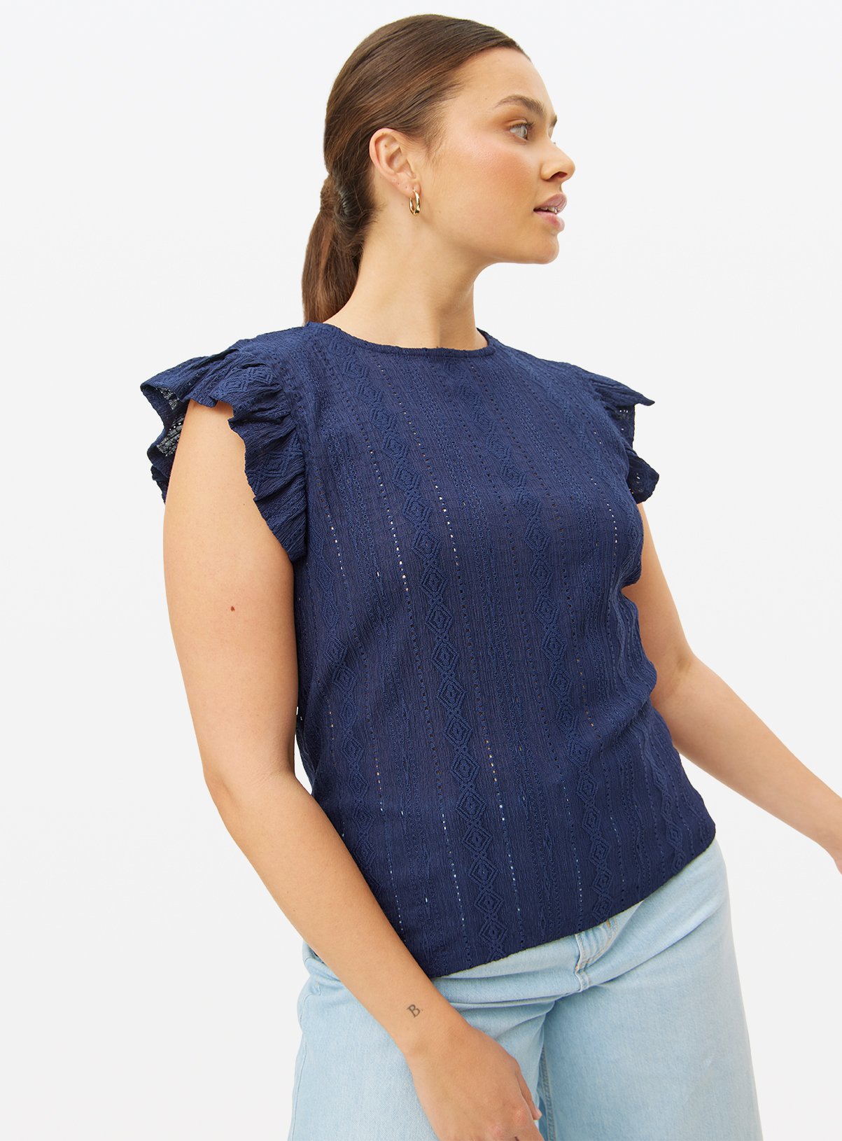 Navy Frill Sleeve Broderie T-Shirt
