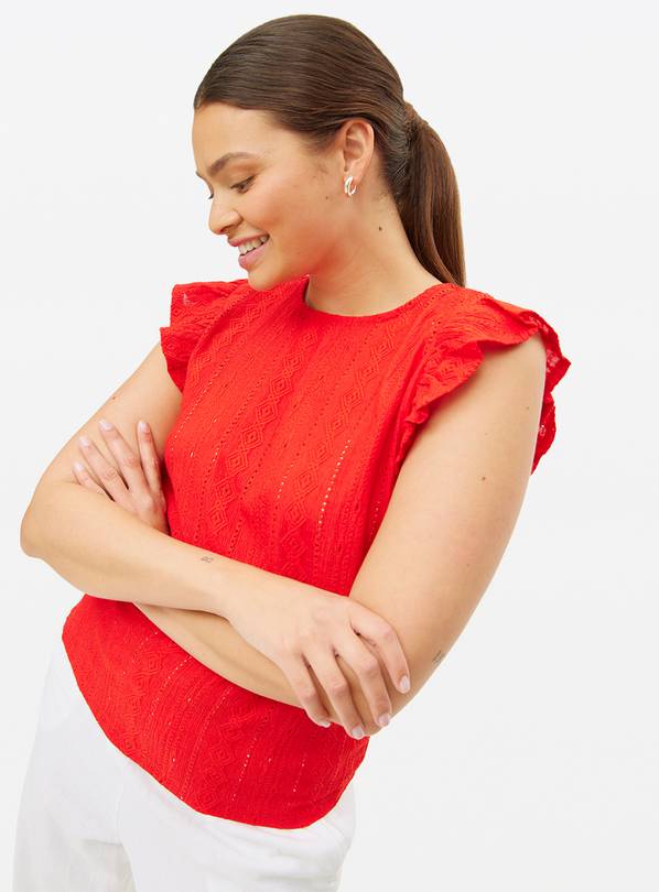 Red Frill Sleeve Broderie T-Shirt 10