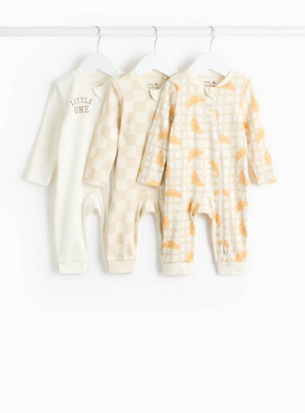 Beige Printed Two-Way Zip Sleepsuit 3 Pack 3-6 months