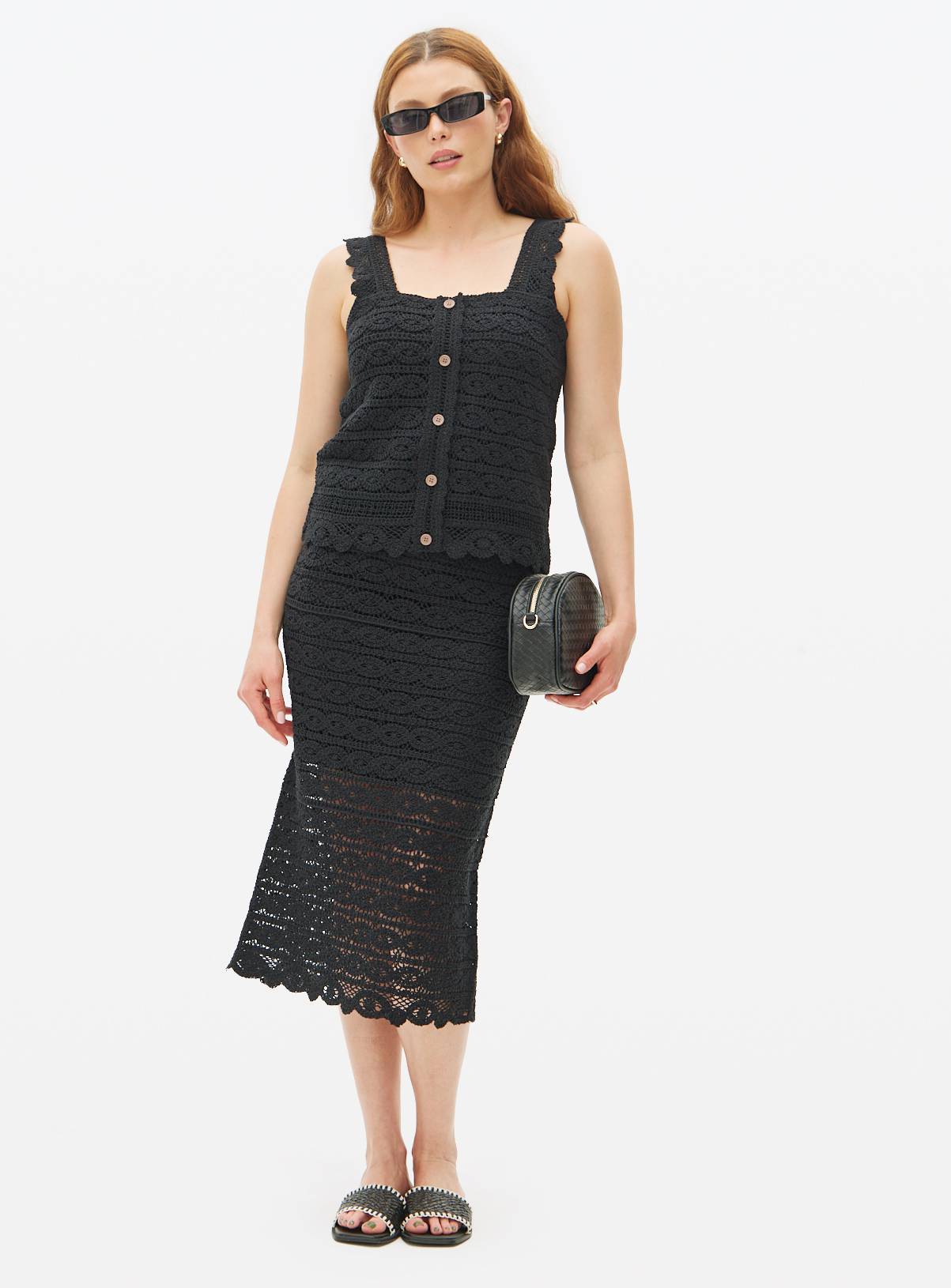 Black Square Neck Crochet Co-ord Top L - Image 2