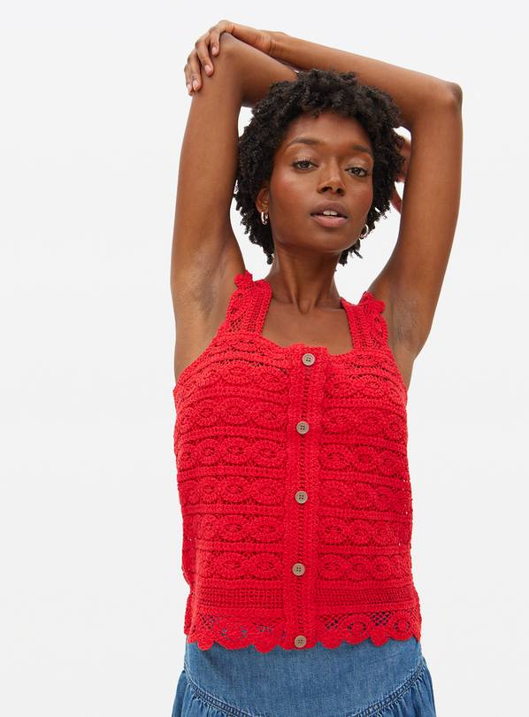 Red Square Neck Crochet Co-ord Top L